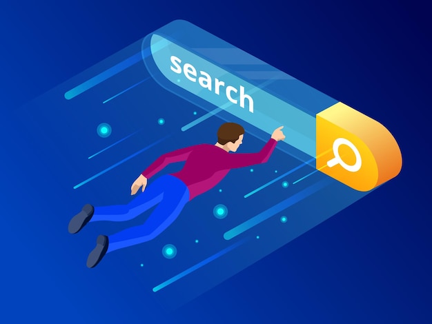 Vector isometric search bar modern concept. search engine optimization and web analytics elements. vector interface element with search button.