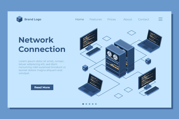 Vector isometric server connecting computers landing page network connection computing internet digital technology web hosting concept isometric technology