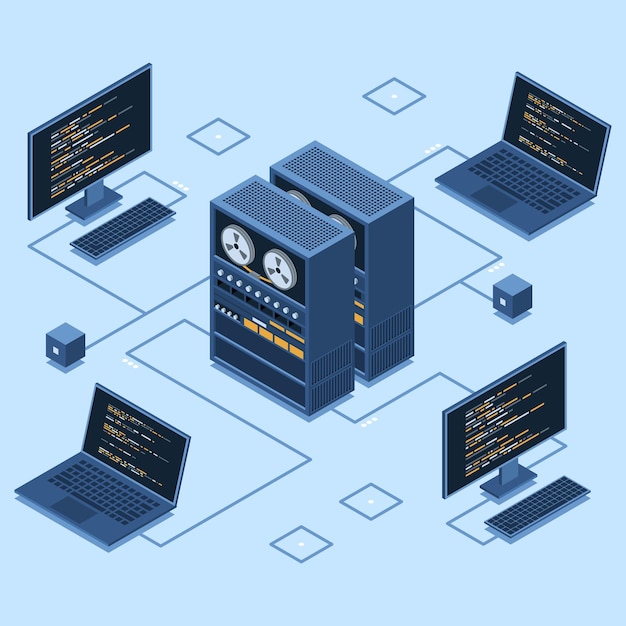 Vector isometric server connecting computers network connection computing internet digital technology web hosting concept isometric technology