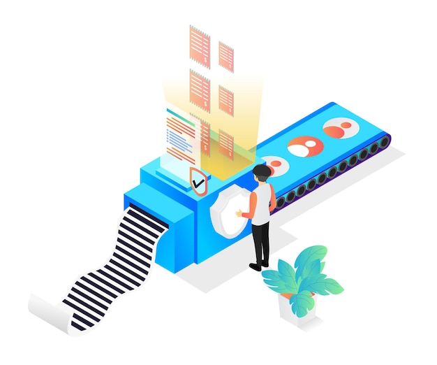 Vector isometric style illustration about conveyor machine and email data security