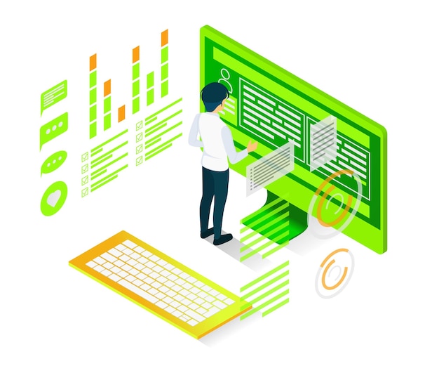 Vector isometric style illustration of programmer coding analysis with computer and characters