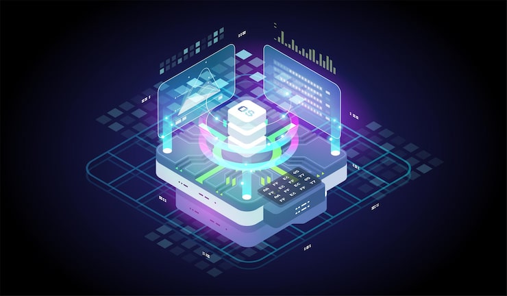 Isometric tech illustration. Software development and programming. Digital Technology Web Banner. Big data processing computing. Analysis and Information.