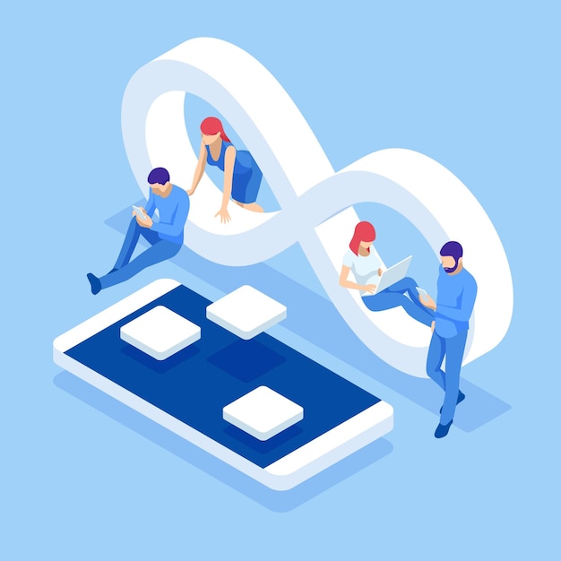 Vector isometric technology process of software development web development and coding cross platform development website