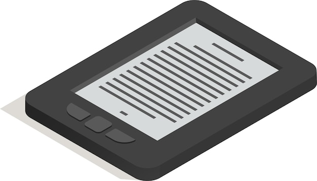 Vector isometric view of a gray ebook reader displaying lines of digital text on its screen with navigation buttons visible set against a clean white backdrop