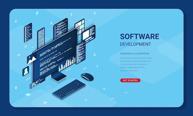 Vector isometric web banner software development program code on computer screen landing page template design programming in isometric illustration