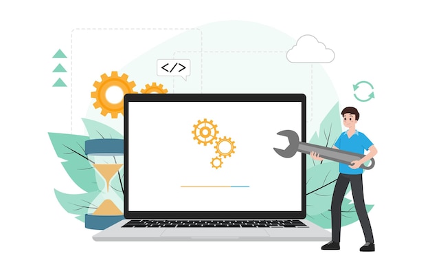 Vector it administrator with software upgrade process on laptop. digital system device administration, network upkeeping, computer systems configuration concept. system maintenance application vector.