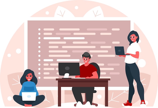 Vector it department programmers working on the program code display screen with program code vector