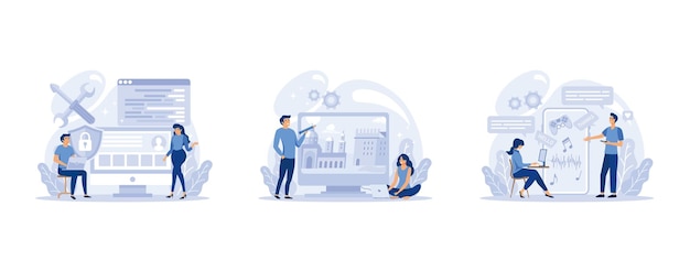 Vector it profession set. programmer write software and create code for computer. coding script for project