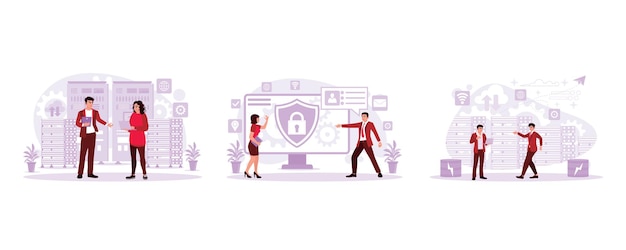 Vector it specialists and server technicians work in data centers ceo and secretary analyzing data