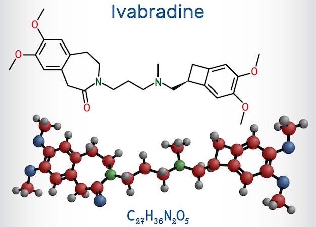 Vector ivabradine molecule it is angina pectoris drug structural chemical formula and molecule model vector