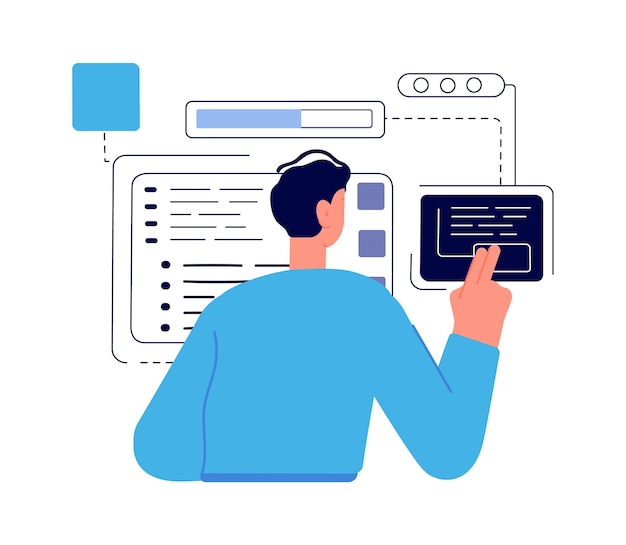 Vector java technology coder programmer boy man geek boy work with abstract charts and task vector concept