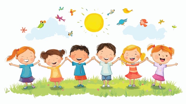 Vector joyful kids embracing and playing together in portrait