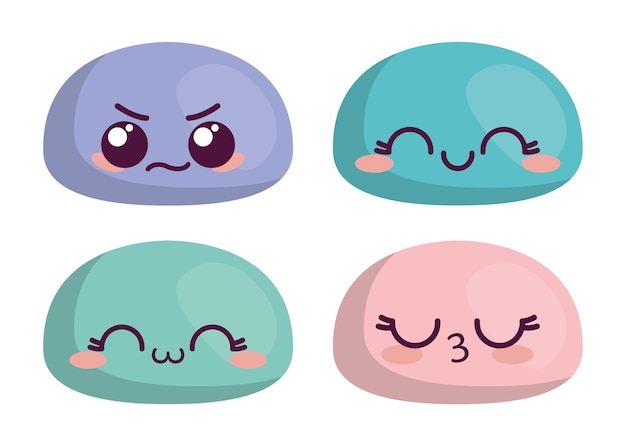 Vector kawaii cartoon faces over white background