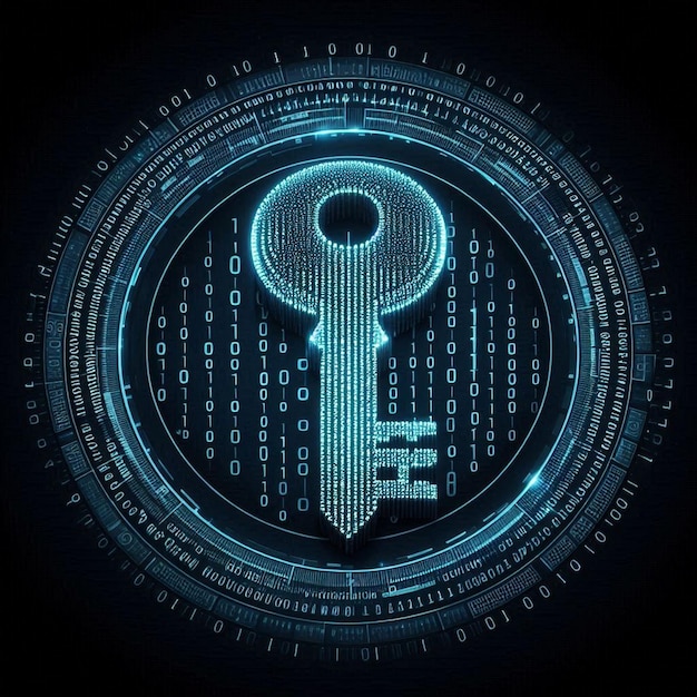 Vector key icon embedded in binary code symbolizing encrypted data