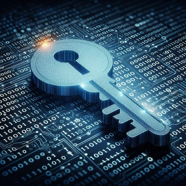 Vector key icon embedded in binary code symbolizing encrypted data