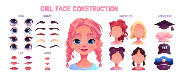 Vector kid girl face avatar construction kit