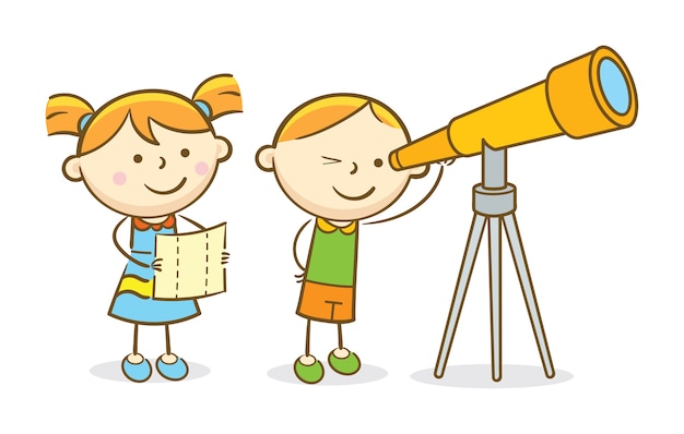 Vector kids looking through telescope