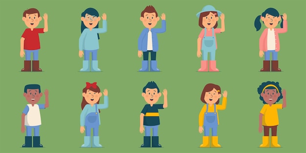 Vector kids waving hands illustration