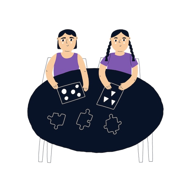 Vector kindergarten children are playing a puzzle