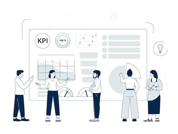 Vector kpi concept data app project digital analysis of work progress dashboard simple solution teamwork or collaboration financial recent vector scene