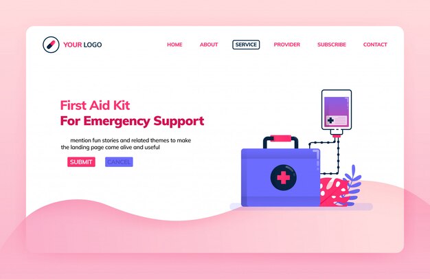 Vector landing page illustration template of first aid kit for emergency support.