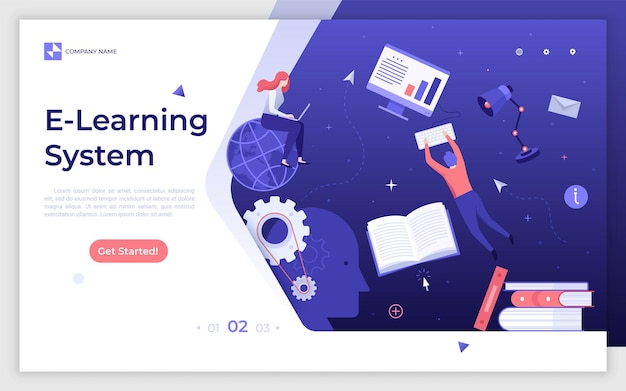 Vector landing page template with students floating in space and studying via internet elearning system distant education online courses modern flat vector illustration for website web banner