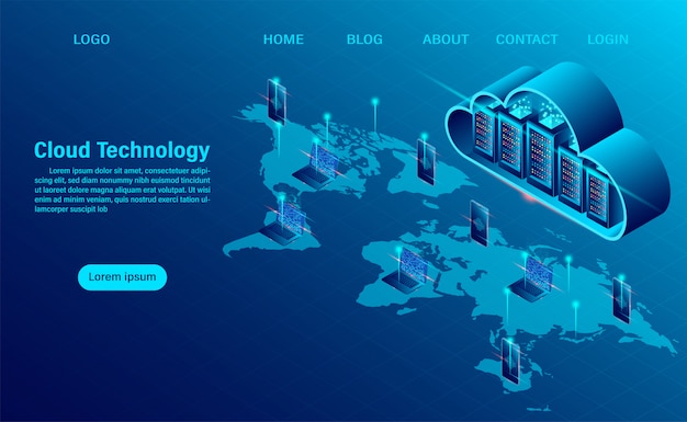 Vector landing page with cloud computing concept. online computing technology. big data flow processing concept, 3d servers and datacenter. isometric flat design