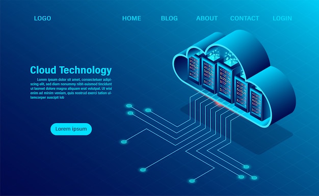 Vector landing page with cloud computing concept. online computing technology. big data flow processing concept, 3d servers and datacenter. isometric flat design.