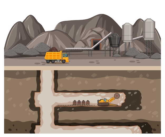 Vector landscape of coal mining with underground scene