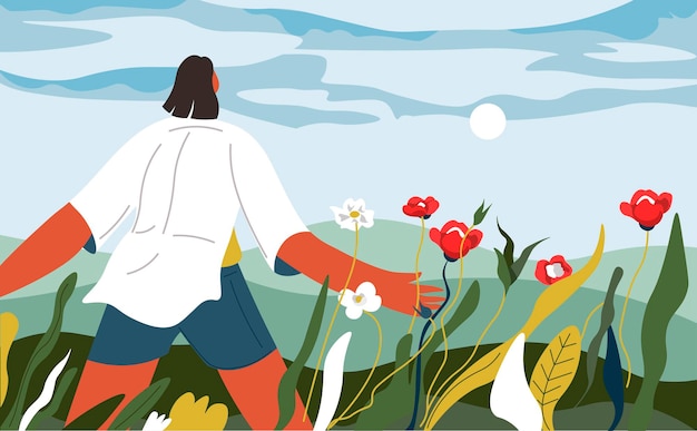 Vector landscape with flowers in bloom meadow field