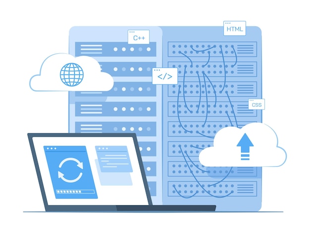Vector laptop computer syncing data with cloud computing server for wireless network connection technology