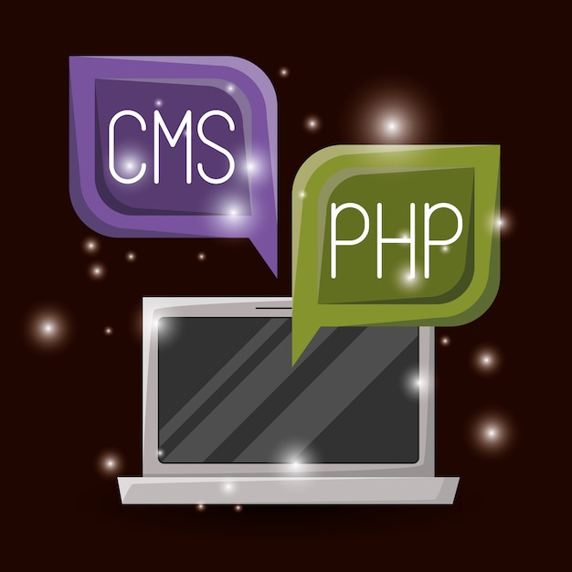 Vector laptop and dialog text box with web programming language