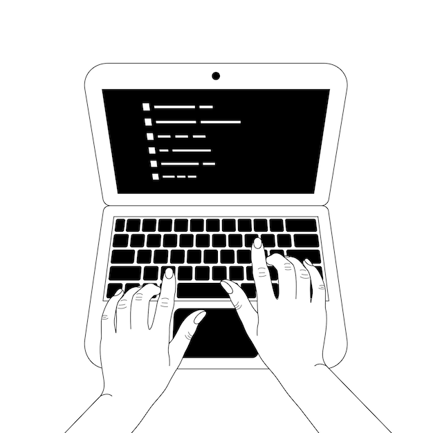 Vector a laptop displaying code with hands typing symbolizing programming and software development