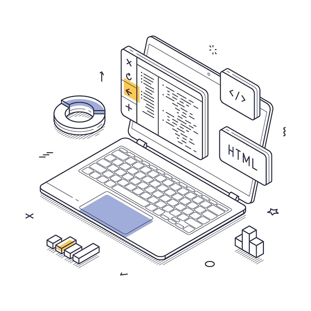 Vector laptop displaying html code with design elements workspace setup isometric line vector illustration
