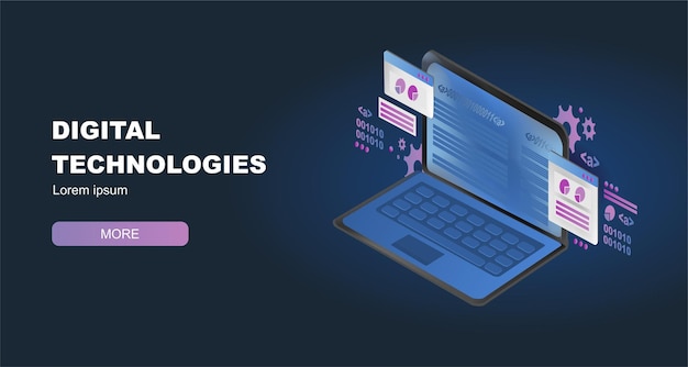laptop isometric banner with diagrams and programmer code, digital technology, it, programming