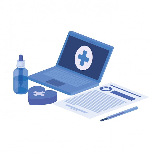 Vector laptop and laboratory instruments isolated icon