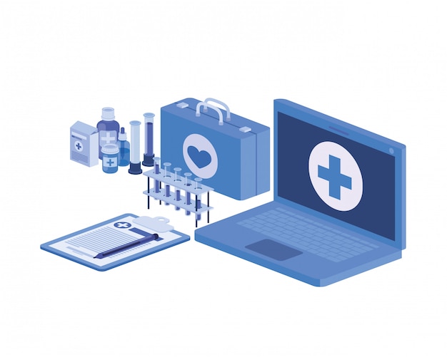 Vector laptop and laboratory instruments isolated icon
