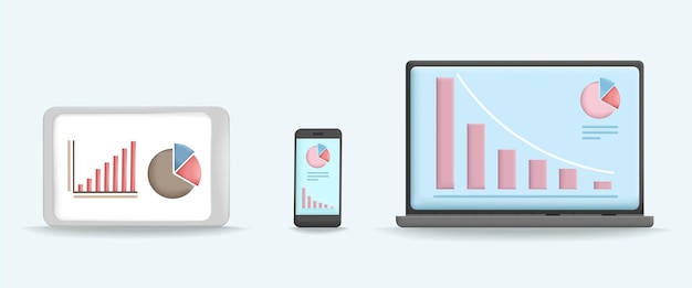 Vector laptop tablet smartphone with charts and graphs 3d vector illustration design