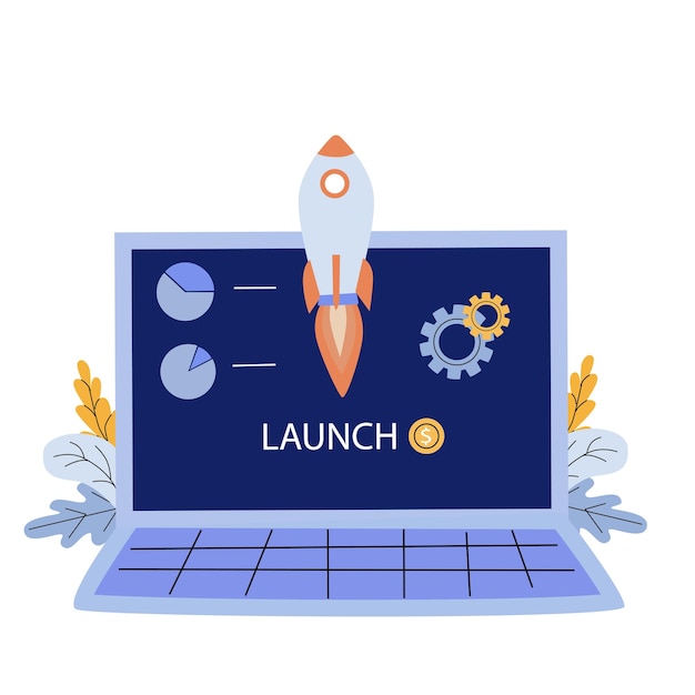Vector laptop with rocket icon and launch inscription