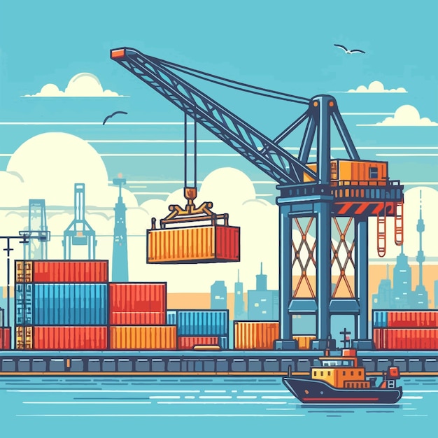 Vector a large crane is lifting a container off a ship