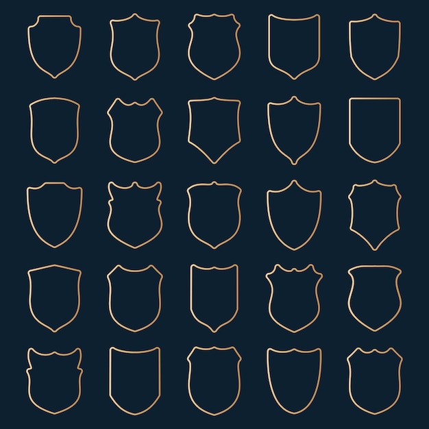 Vector large set of golden contour shields on blue 