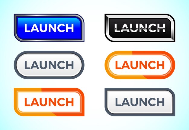 Vector launch button set of different shapes and colors suitable for mobile app and website ui design