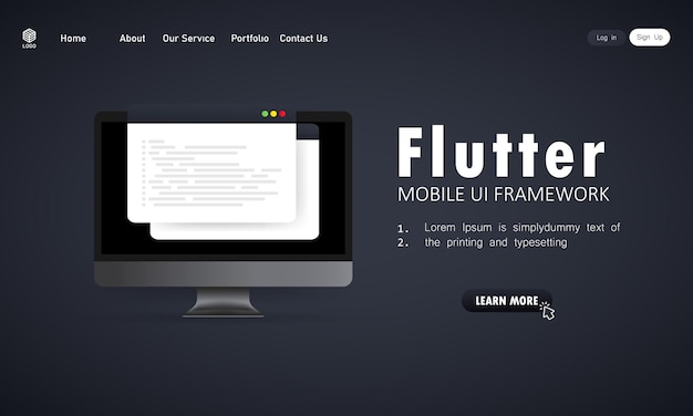 Vector learn to code flutter mobile ui framework on computer screen, programming language code illustration. vector on isolated white background. eps 10.