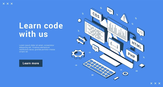 Vector learn code with us programming school internet advertising banner landing page isometric vector illustration. coding software development educational courses computer class with database information