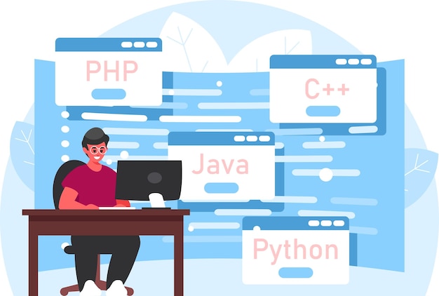 Vector learning programming programmer working at computer man in the workplace working at pc