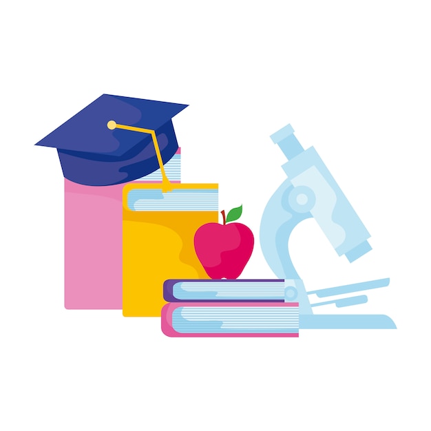 Vector library books with microscope and hat graduation