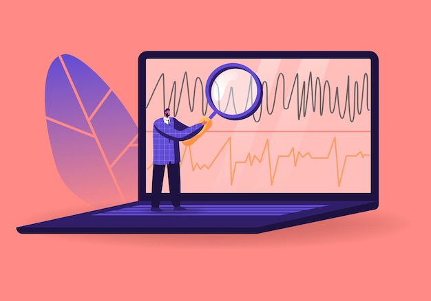 Vector lie detector operator tiny male character looking through huge magnifying glass on polygraph chart on laptop screen.