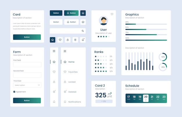 Vector light collection of gradient ui ux elements. ux dashboard user panel template. user interface, experience. ui elements to book the app.