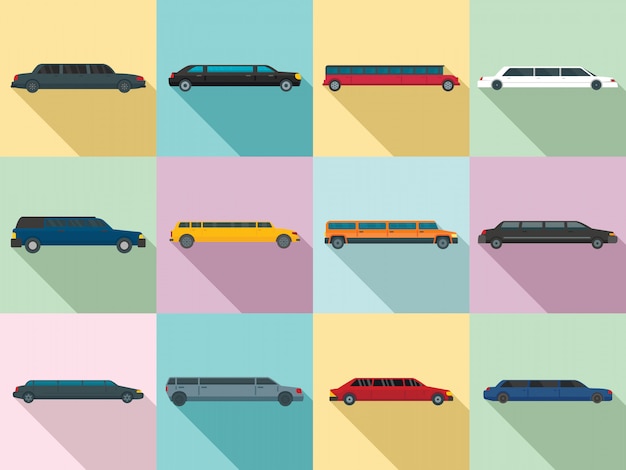 Vector limousine icons set, flat style