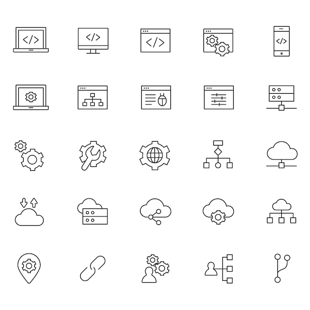 line art web development icons vector html css javascript coding design seo analytics icons